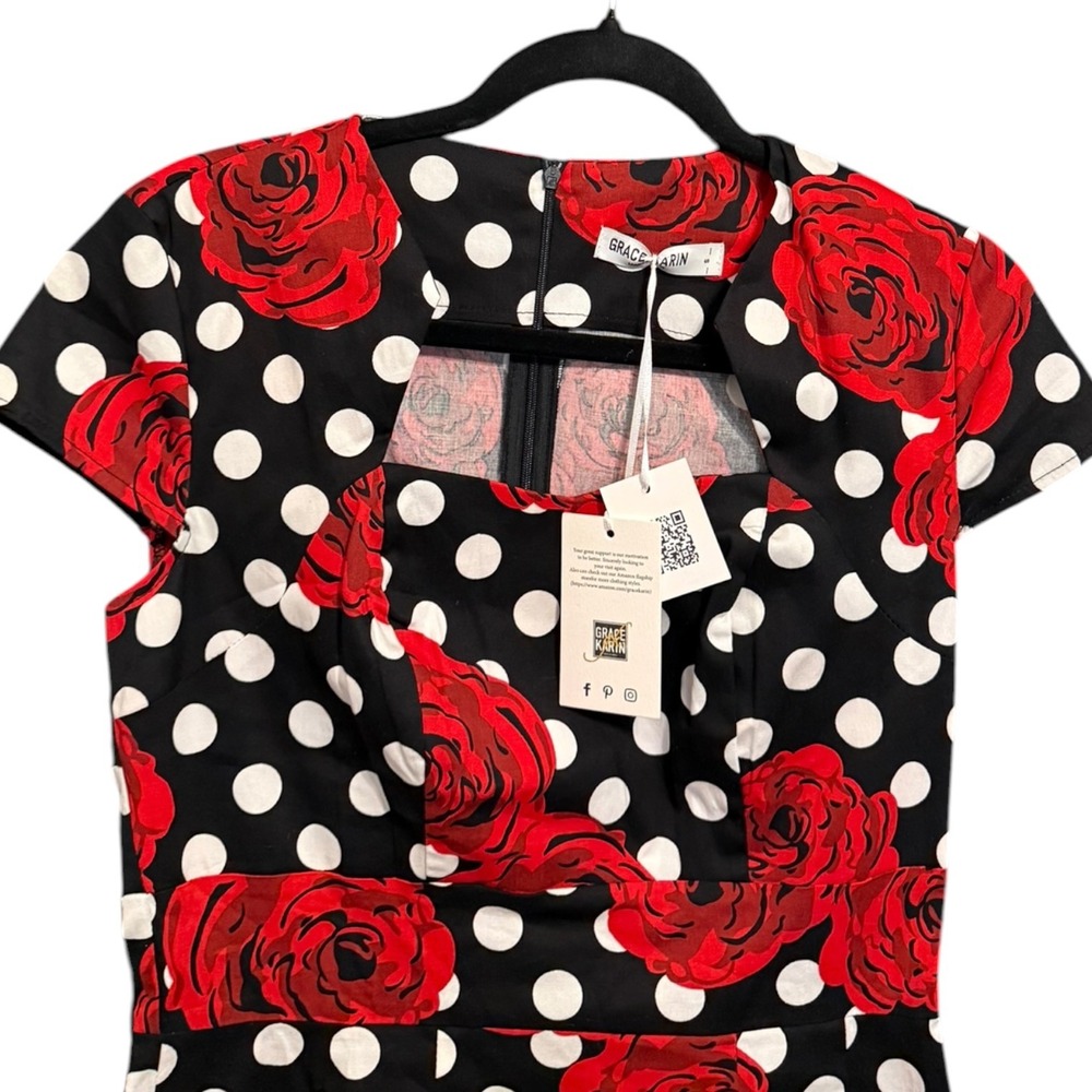 NWT Grace Karin Red Rose Polka Dot Pencil Dress Black Rockabilly Pinup Small - Picture 2 of 8